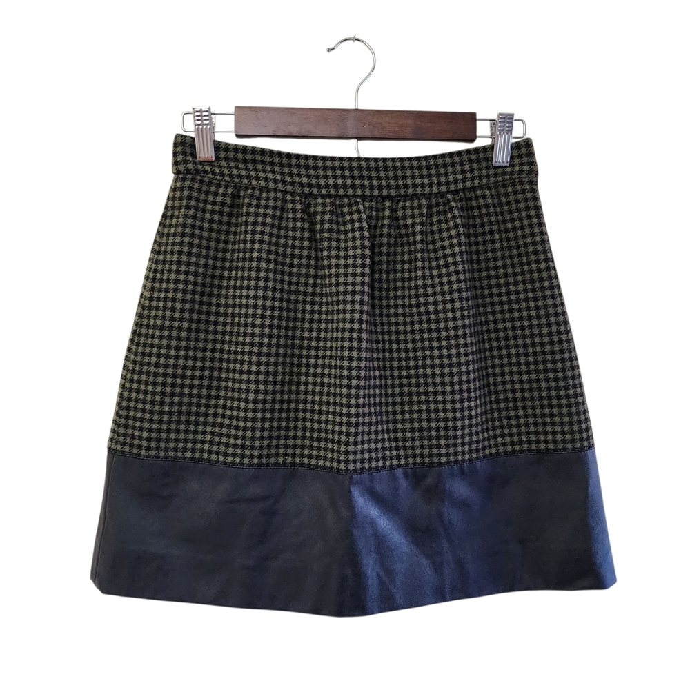 J Crew Wool Houndstooth A Line Mini Skirt Faux Leather Green Black Size 0